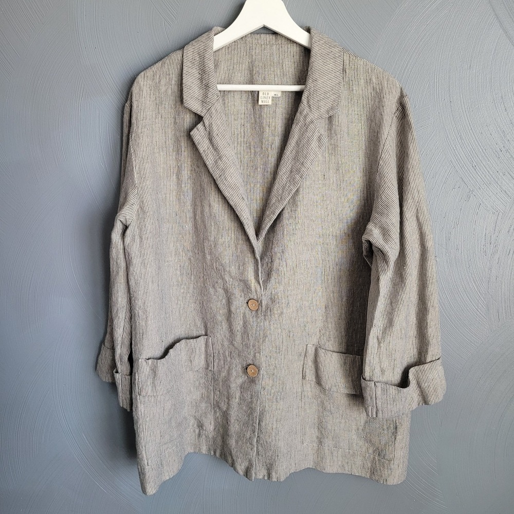 OLD LINEN MILL Jacket Size M/L Loose Blazer Natural Gray Stripe 3/4 Sleeve